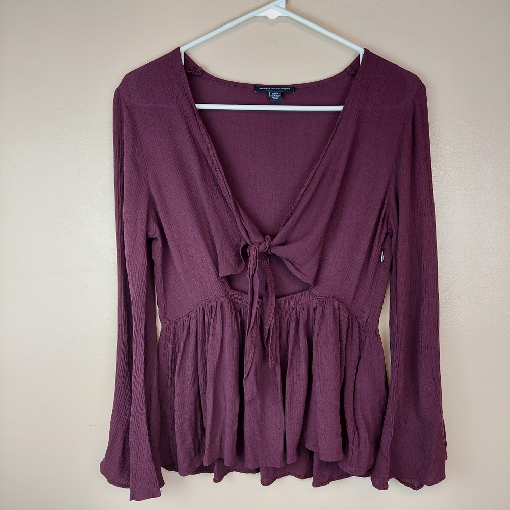 American Eagle Outfitters Maroon Tie Front Flowy Blouse Size Medium